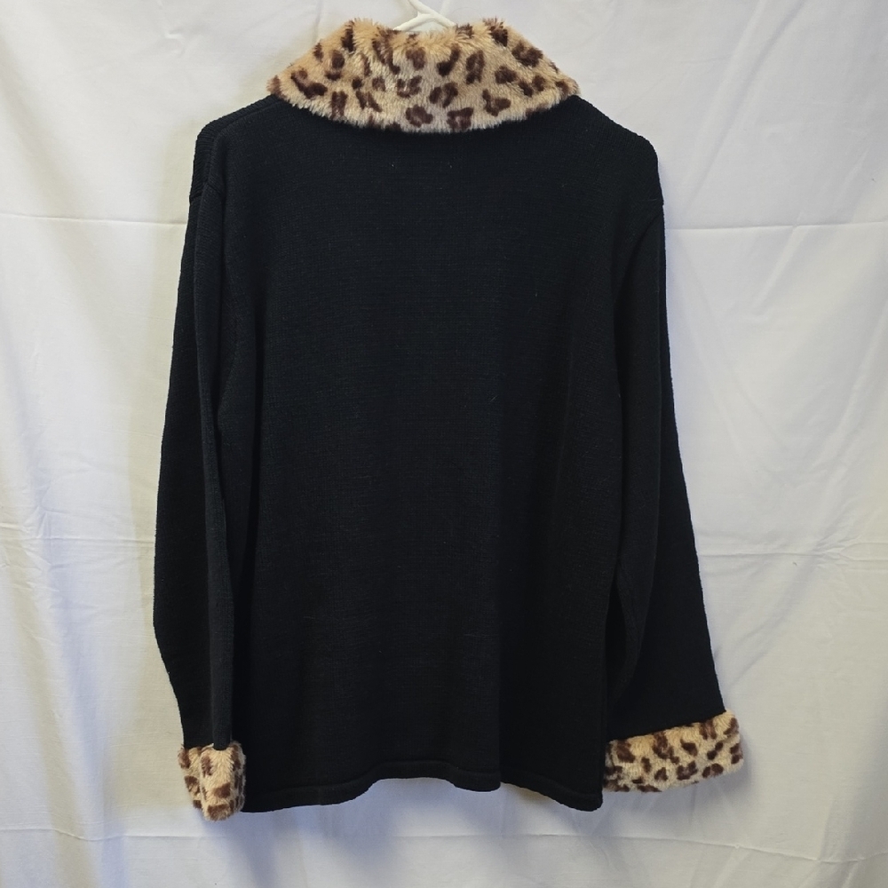 Storybook Knits Black Cardigan with Pink Embroidery and Leopard Trim - Picture 9 of 9